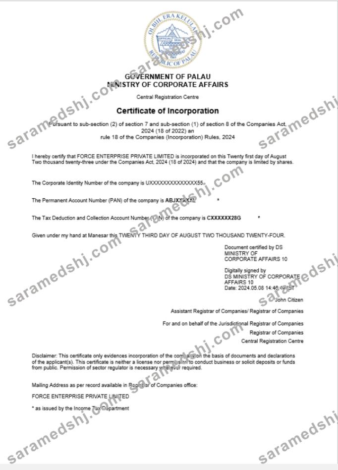 Palau business registration certificate Word and PDF template